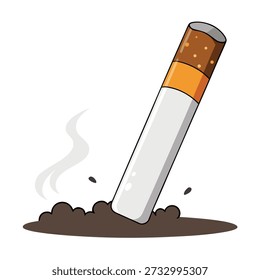 This cartoon image shows a cigarette butt, with smoke emanating from its burning end, stuck into a patch of dark-colored ground. The discarded cigarette adds a graphic element.