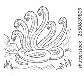 this is a cartoon line drawing of a hydra with multiple heads, rocks, and grass. it is a mythical creature in a natural setting.