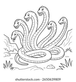 this is a cartoon line drawing of a hydra with multiple heads, rocks, and grass. it is a mythical creature in a natural setting.