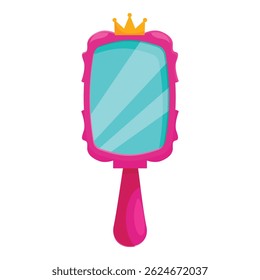 This cartoon pink princess mirror is reflecting light and has a gold crown