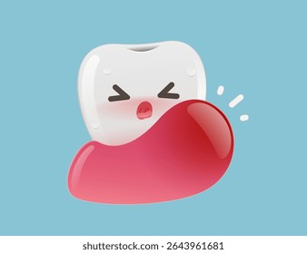 Este desenho animado mostra um personagem de dente fofo em perigo com gengivas inchadas perfeitas para representar a sensibilidade dos dentes, inflamação da gengiva, ou projetos de conscientização da dor dentária. Dor de dente, Doença dentária