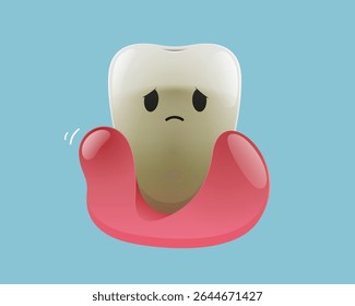 This cartoon shows a cute tooth character in distress with swollen gums perfect to represent tooth sensitivity, gum inflammation, or dental pain awareness designs. Toothache, Tooth disease