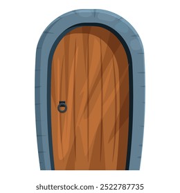 This cartoon style illustration features an old wooden door set into a stone archway, hinting at mystery and adventure
