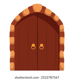 This cartoon style illustration of an old wooden door with an archway made of stone would be perfect for a game asset