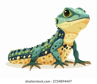 Este Vector de dibujos animados representa un lagarto vibrante con un cuerpo ricamente texturizado en tonos de azul, verde y amarillo. Su piel presenta llamativos patrones con manchas y rayas que resaltan su carácter lúdico. El lagarto se coloca sobre un fondo beige simple, mostrando su expresión curiosa y características detalladas. Esta alegre ilustración captura la esencia de un animado reptil en un estilo divertido y artístico