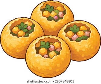 This is a cartoon vector illustration depicting pani puri, a traditional Indian street food snack, 