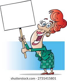 Esta ilustração de vetor de desenhos animados apresenta uma mulher de cabelo vermelho em uma jaqueta verde e saia xadrez, segurando um grande sinal em branco com uma expressão larga e de boca aberta. O sinal em branco permite mensagens personalizáveis, tornando-o ideal para protestos, ativismo ou comunicação em geral.