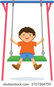 Esta Ilustración vectorial de dibujos animados muestra a un joven alegre disfrutando de un columpio en el patio. Está sentado en un columpio verde unido a un marco rojo y azul colorido, sonriendo feliz mientras se balancea. La Imagen representa diversión infantil, juegos al aire libre y actividad física que ayuda a mejorar el equilibrio, la coordinación y la fuerza en los niños. Es ideal para materiales educativos, contenido de crianza, señalización del patio de recreo y diseños relacionados con los niños.