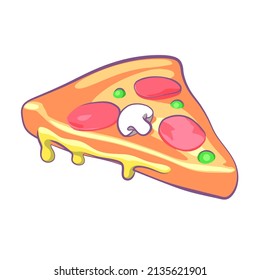 Este es un vector de dibujos animados de pizzas, coronado con champiñones y salchichas