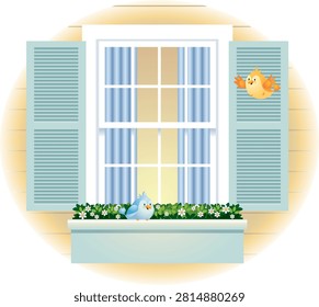 This Cartoon Window with Blue Shutters, Flower Box and Birds Flat Vector Illustration features a charming white window decorated with elegant blue shutters, a flower box filled with blooming white flowers, and two small birds resting nearby. Designed in a clean and colorful flat vector style, this artwork represents home comfort, nature, gardening, spring decoration, and peaceful living. The illustration is ideal for coloring pages, children's books, home décor designs, greeting cards, website graphics, posters, educational materials, stickers, and creative branding projects.

The artwork combines architectural elements with natural beauty to create a warm and inviting visual scene. The simple window design, decorative flowers, and friendly birds create a peaceful atmosphere that represents harmony between homes and nature.

Windows are often viewed as symbols of openness, connection, and new perspectives. In this illustration, the window becomes a welcoming feature enhanced by colorful shutters and fresh flowers. It creates a feeling of comfort, freshness, and a pleasant home environment.

The white windows frame provides a clean and timeless appearance. White is commonly associated with simplicity, purity, freshness, and modern design. It allows the colorful shutters and floral elements to stand out while maintaining a balanced composition.

The blue screen door add a decorative architectural element while creating a calm and attractive color contrast. Blue is often connected with peace, trust, stability, and relaxation. The combination of color and creates a classic design style often associated with charming homes, coastal architecture, and peaceful neighborhoods.

The flower box filled with blossoms adds a natural and decorative touch to the scene. Flower boxes are popular symbols of gardening, home improvement, and seasonal beauty. The blooming flowers represent growth, freshness, happiness, and the connection between people and nature.