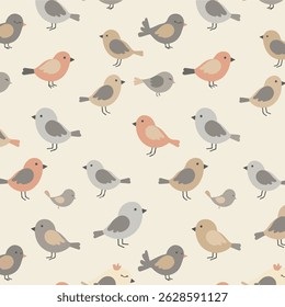 This is a cartoonish, flat, repeating pattern of different birds in varying colors on a cream background.