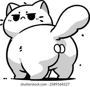 This is a cartoon-style illustration of a chubby cat standing with its back facing the viewer. The cat has a grumpy expression, a fluffy raised tail, and round, exaggerated hind legs.