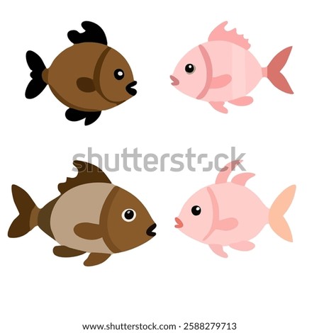 This cartoon-style illustration features four fish, arranged in a 2x2 grid. The top left fish is brown with black fins and tail. The top right fish is pink with a darker pink tail and fins.