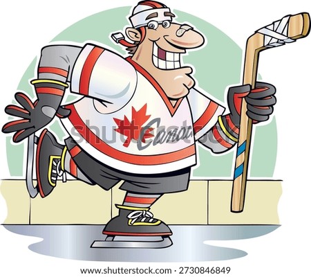 This cartoon-style illustration features an ice hockey player wearing a white, red, and black uniform with a Canadian maple leaf emblem and the word “Canada.” Equipped with a helmet, gloves, skates, and a taped hockey stick, the image represents ice hockey—an iconic sport deeply rooted in Canadian culture. Ideal for clipart, stickers, greeting cards, and sports-themed designs.