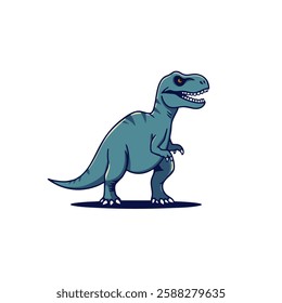 This cartoon-style illustration features a Tyrannosaurus rex (T-Rex) standing with its mouth open, revealing sharp teeth. The T-Rex is colored in shades of blue with darker stripes.