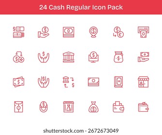 Este paquete de iconos de efectivo incluye 24 Vectores de contorno regulares, perfectos para mejorar las interfaces digitales.