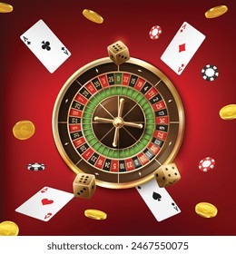 This casino-themed composition with a roulette wheel at the center, surrounded by dice, playing cards, poker chips, and coins on a red background
