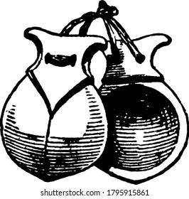 This is Castanets, a one hand held musical instrument, also called clackers or palillos, vintage line drawing or engraving illustration.