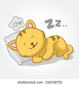 This is a cat cartoon vector illustration, this cat is sleeping on the comfortable pillow, it looks like dreaming of a favorite food  