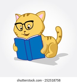 This is a cat cartoon vector illustration, this cat is reading a book, it's look like a geek cat with the glasses  