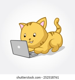 This is a cat cartoon vector illustration, this cat is trying to use the computer, maybe just browsing on the internet , typing or just playing a game likes humans.