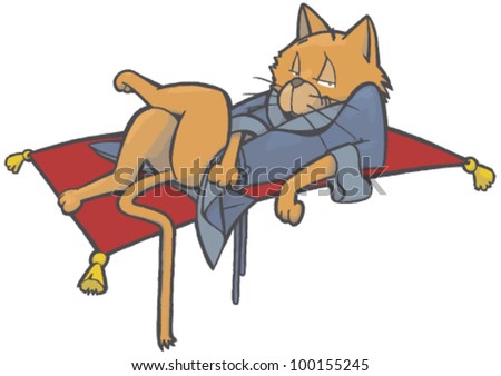 this cat rest on a flynn carpet, lightness of floating scene mean the well-being of character. / Comfortably cat