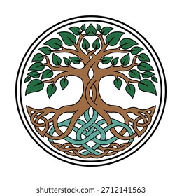 Este diseño del Árbol Celta de la Vida presenta raíces y ramas hermosamente entrelazadas, formando un nudo interminable que simboliza la unidad, el crecimiento y el ciclo de la vida. Con hojas verdes vibrantes, tierra caliente