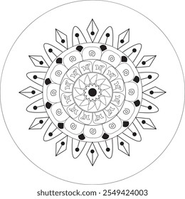 Esta característica central de un mandala negro típicamente consiste en una forma circular, a menudo se asemeja a una flor o un estallido estelar, con una variedad de detalles simétricos que irradian hacia afuera. Es un verdadero mandala. 