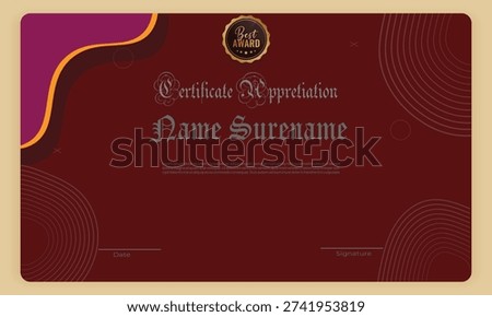 This certificate features a modern and elegant design with a deep burgundy background that conveys prestige, excellence, and formality. Flowing abstract shapes in gold and purple tones add a dynamic and contemporary touch while maintaining a refined aesthetic. Subtle circular line patterns enhance visual balance and sophistication without overwhelming the layout.