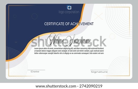 This certificate features a modern and professional design with a balanced combination of deep navy blue, white, and warm orange accents. The flowing abstract wave elements create a dynamic visual transition between sections, symbolizing progress, growth, and achievement. Subtle circular line patterns add texture while maintaining a clean and elegant appearance.