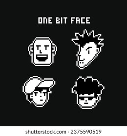 este es un icono de cara de personaje que usa un estilo de 1 bit en arte de píxeles con color blanco y fondo negro, este elemento es bueno para presentaciones, pegatinas, iconos, diseño de camisetas, activos de juego, logotipo y su proyecto.