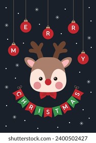 This is a character illustration of reindeer, a cute animal with a winter Christmas concept. The garland says 'Merry Christmas' and the deer has antlers and a red nose.