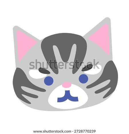 This is a character illustration of a tabby cat's face with a serious expression.