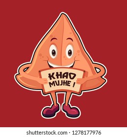 This is Character and Vector of Indian Dish name "Samosa", The written part on board of samosa "Khao mujhe" means "Eat me" in Hindi language.