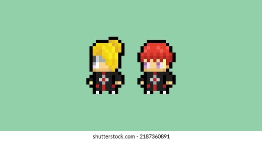this is a character(ninja) in pixel art with cute shape, size 16x16 pixels, it is an yellow haired male and a red haired female character, this can be used for game characters.