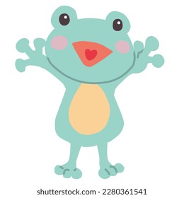 This is a character-style illustration of a cheerful frog. The pose of the frog looks as if it is calling out something or singing a song.
