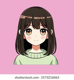 This charming anime-style illustration features a girl with straight brown hair styled in a soft bob cut. Her large, expressive orange eyes and gentle smile radiate warmth and joy.