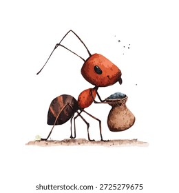 Este charmoso personagem formiga diligentemente carrega um saco pesado, incorporando trabalho duro e perseverança. Ótimo para temas educacionais ou empresariais.