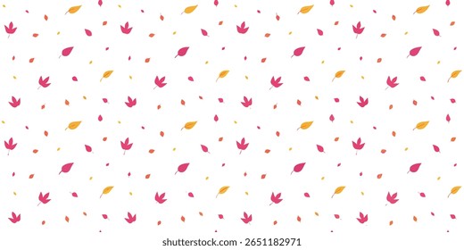 This charming background displays a repeating pattern of small, stylized autumn leaves. The leaves are depicted in shades of pink, orange, and yellow, scattered across a white canvas.