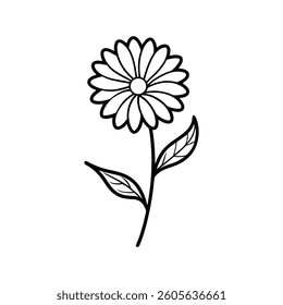 This charming black line art illustration depicts a calendula flower with detailed petals and leaves, set against a plain white background.
