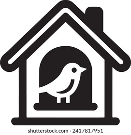 This charming black silhouette depicts a delightful scene of a bird perched within the cozy confines of a birdhouse.
