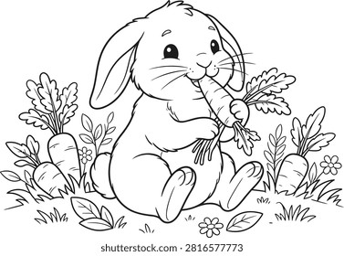 This charming black and white coloring page features an endearing cartoon bunny rabbit sitting in a lush garden setting. The rabbit is depicted with a joyful expression, holding a fresh carrot with its paws and taking a crunchy bite. Surrounding the bunny are several other carrots growing from the soil, accompanied by small flowers and lush green leaves. The clean, thick outlines make this image perfect for children to color with crayons or markers. The simple, engaging composition encourages creativity and provides a fun activity for kids to practice their coloring skills while enjoying a cute animal theme.