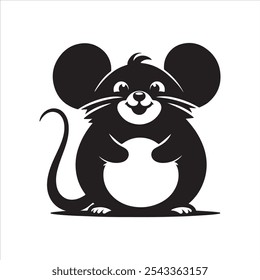 This charming black and white illustration features an adorable cartoon mouse with large ears, a round body, and a cheerful expression. Perfect for use in children's books, educational materials, or a