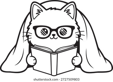 This charming black and white line art illustration depicts a cute cartoon kitten character. The kitten is portrayed wearing large glasses and sitting comfortably underneath a cozy blanket. It holds an open book, deeply engrossed in reading. The simple and cute design evokes feelings of comfort, relaxation, and a love for reading or studying.