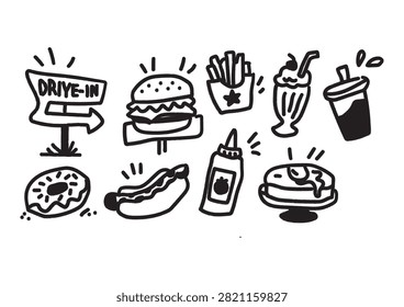 This charming black and white vector collection features hand-drawn doodle-style icons of classic drive-in fast foods. Included are illustrations of a 'DRIVE-IN' sign, a cheeseburger, french fries, a milkshake, a takeaway cup, a donut, a hot dog, a bottle of ketchup, and a pie on a stand. Rendered in a clean, playful outline style, these versatile designs are perfect for t-shirt prints, sticker sheets, menu graphics, food blogs, and crafting projects.

#DriveInArt #FastFoodDoodles #VectorSet #BurgerLover #DoodleIllustration #StickerDesign #OutlineGraphics #KitchenArt #FastFoodSVG #CuteDoodles