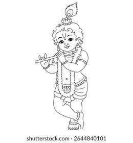 Esta encantadora arte de linha em estilo vetorial preto-e-branco apresenta Baby Krishna, alegremente tocando sua flauta com um sorriso doce e inocência divina. Decorado com uma pena de pavão, 