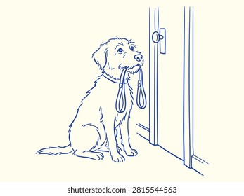 This charming blue line art sketch features a scruffy dog sitting patiently by a closed door while holding its leash in its mouth, waiting there.
