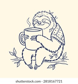 This charming blue line art sketch features a happy sloth wearing a patterned shawl, sitting on a branch while holding a steaming hot coffee mug.
