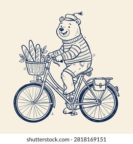 This charming blue line art sketch features a happy cartoon bear wearing a beret and striped sweater, riding a bicycle carrying fresh French bakery baguettes.
