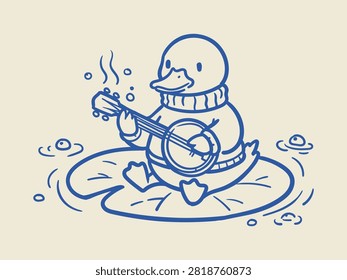 This charming blue line art sketch features a happy cartoon duck wearing a cozy knitted sweater, sitting on a lily pad while playing the banjo.
